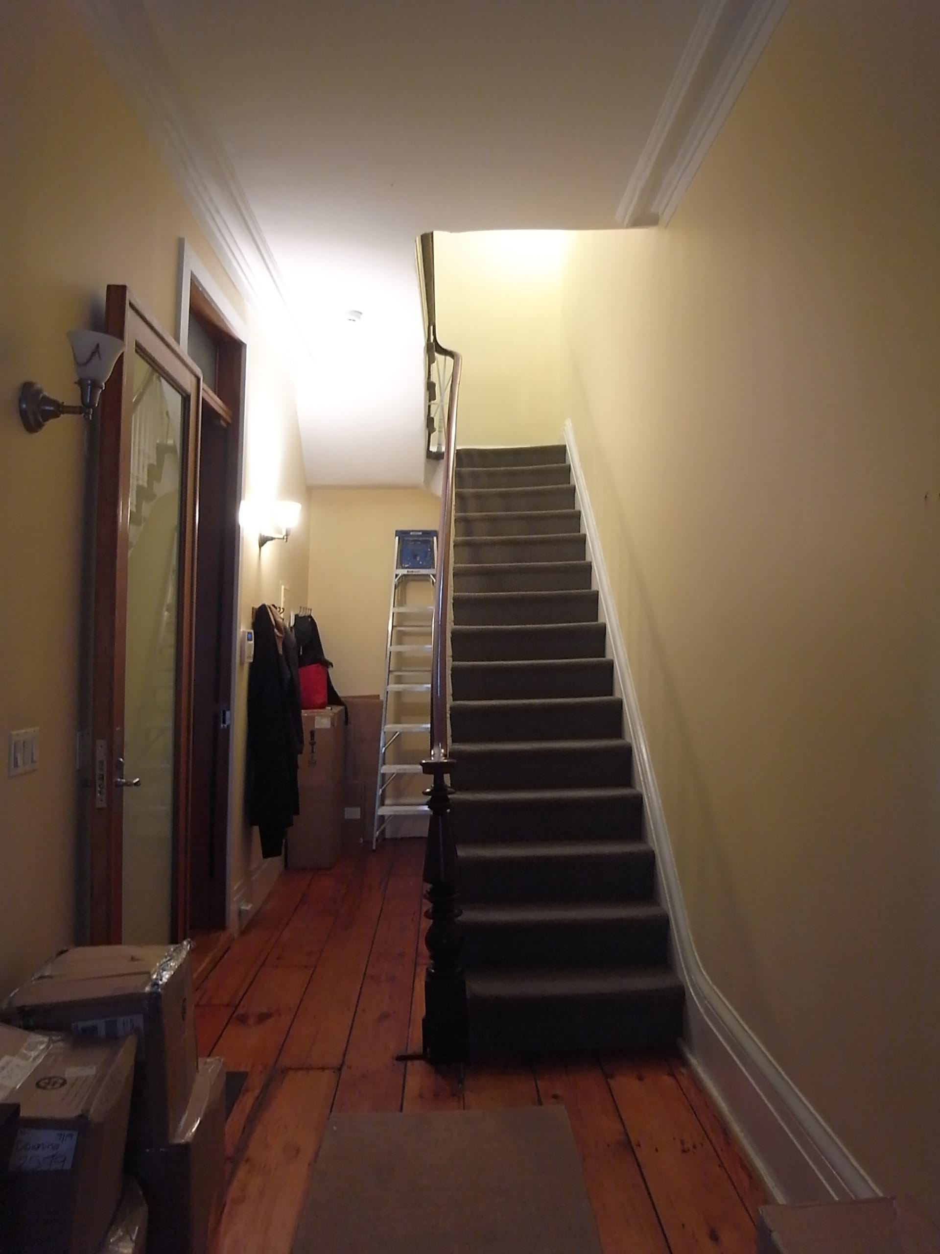 Entryway before our renovation with wide plank wood floors and grey carpeted staircase