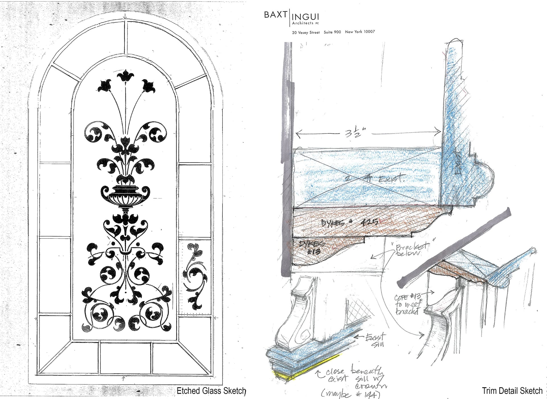 Sketches of a vintage-inspired etched window that will be artificially lit with LED Lights