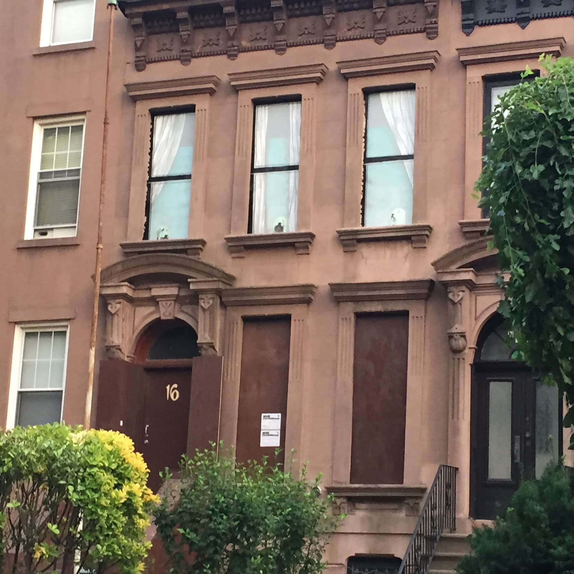 Front facade of a Carroll Gardens home during construction, with curtains and fake windows painted on the boards covering the windows.