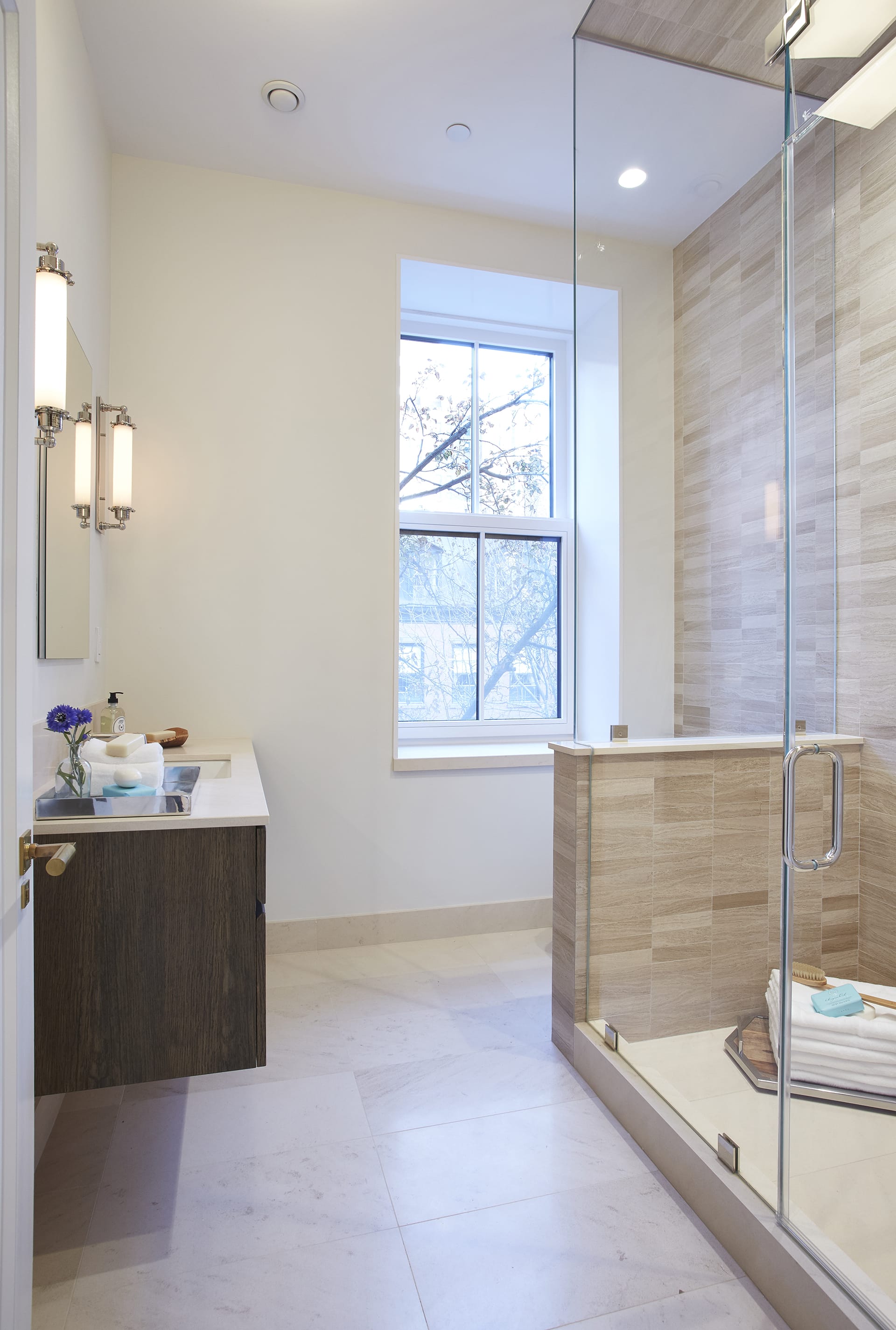 Guest bathroom in a Brooklyn Heights Passive House with a steam shower.