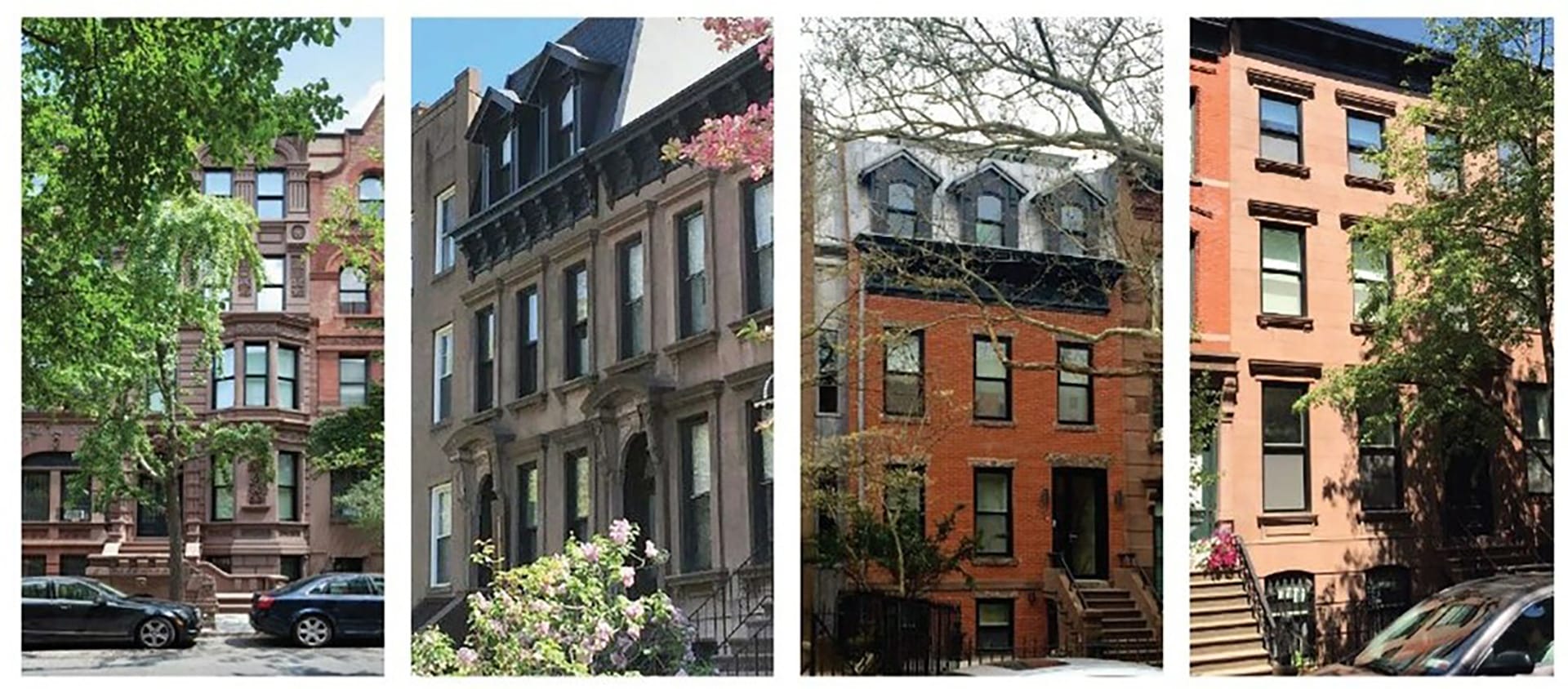 Collage of the front facades of four Passive Houses in New York City.