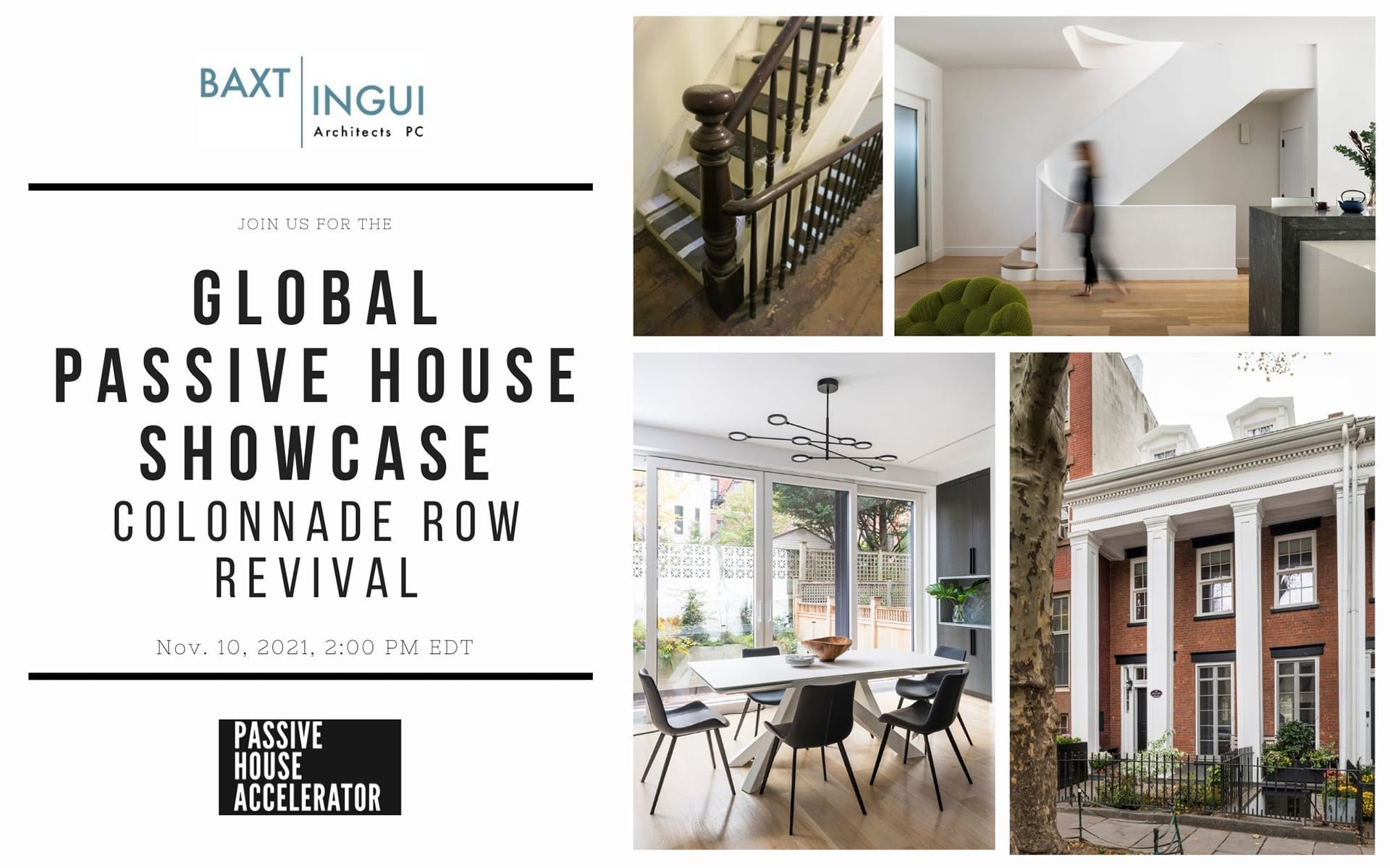 Infographic announcing Passive House Showcase with four images of a Brooklyn Heights home on the left.