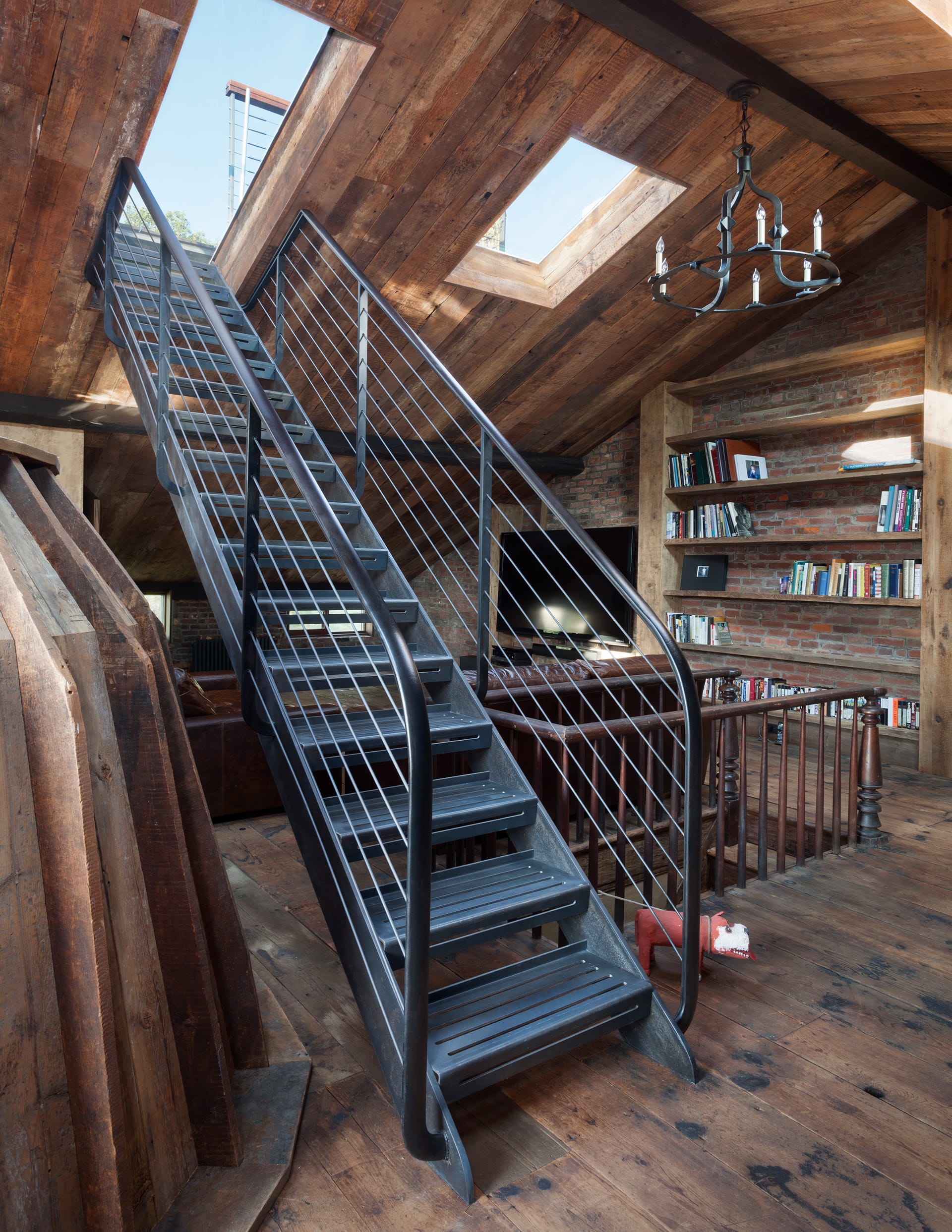 Metal staircase leading to the roof deck in a Brooklyn Heights home