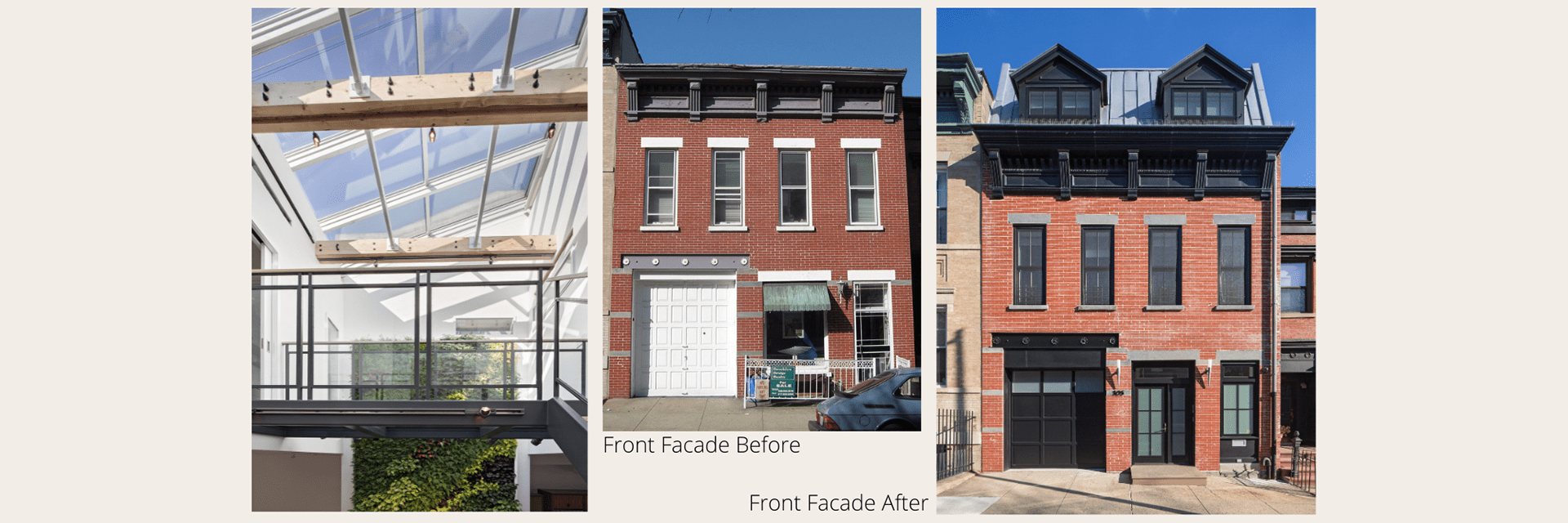 A group of three images: on the left, a bridge inside a townhouse with a large skylight; in the middle, a two-story red brick carriage house with white garage door; on the right, a three-story carriage house with black garage door, roof with dormers, and new front door and windows.