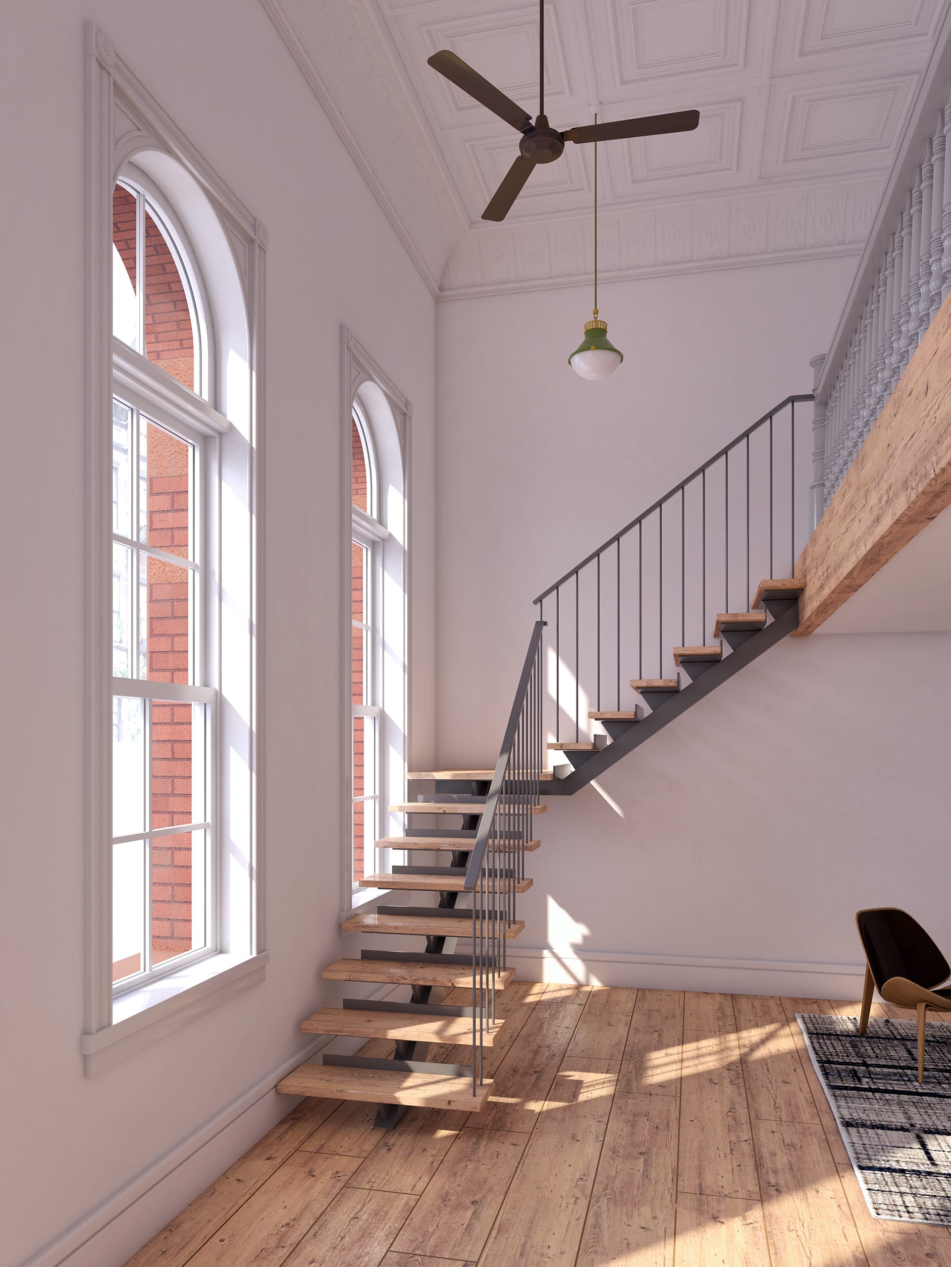 Rendered image of an open, industrial staircase in a double height space with large, arched top windows and wide plank wood floors.