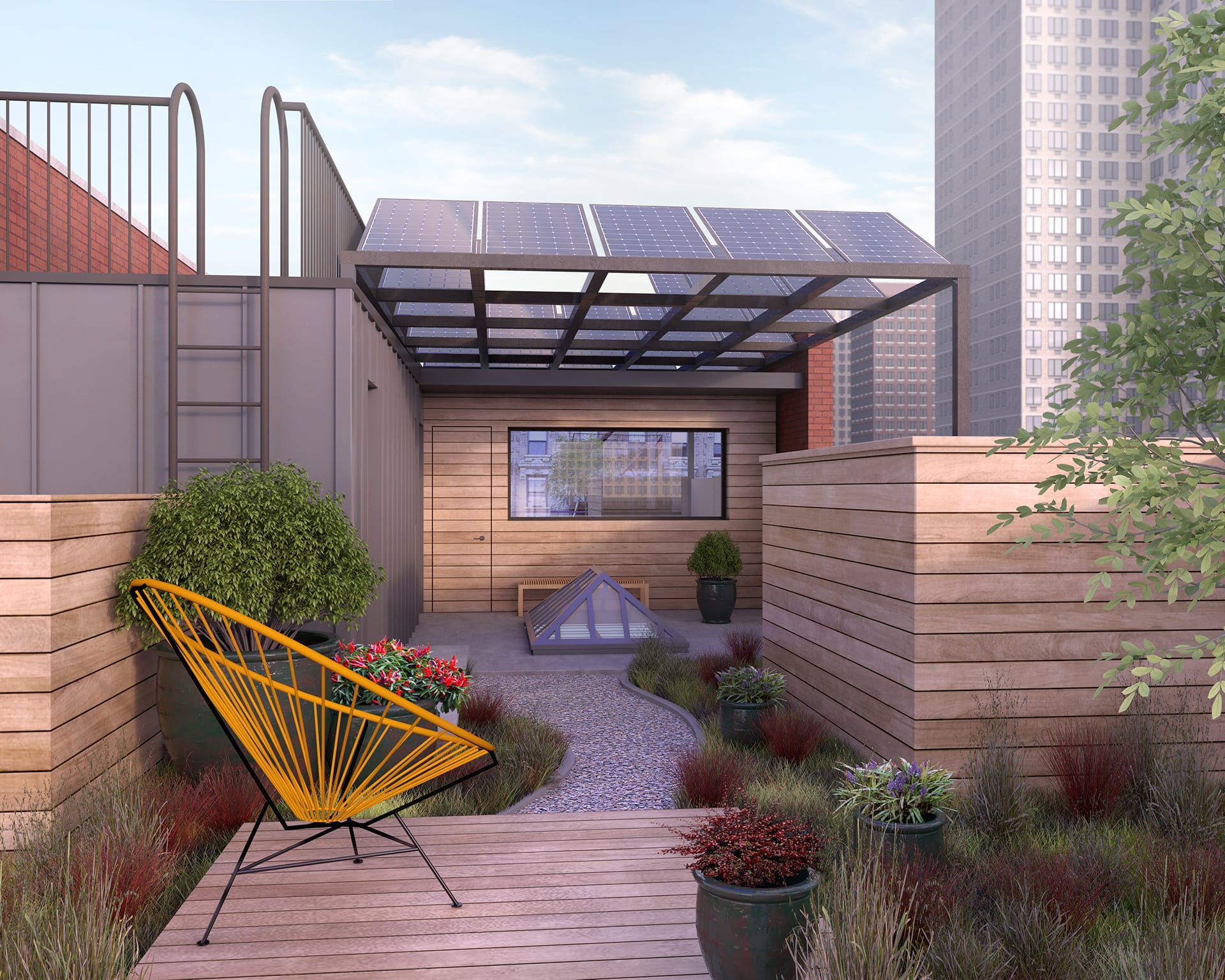 Rendered image of a green roof with wood siding and planters and a solar canopy.