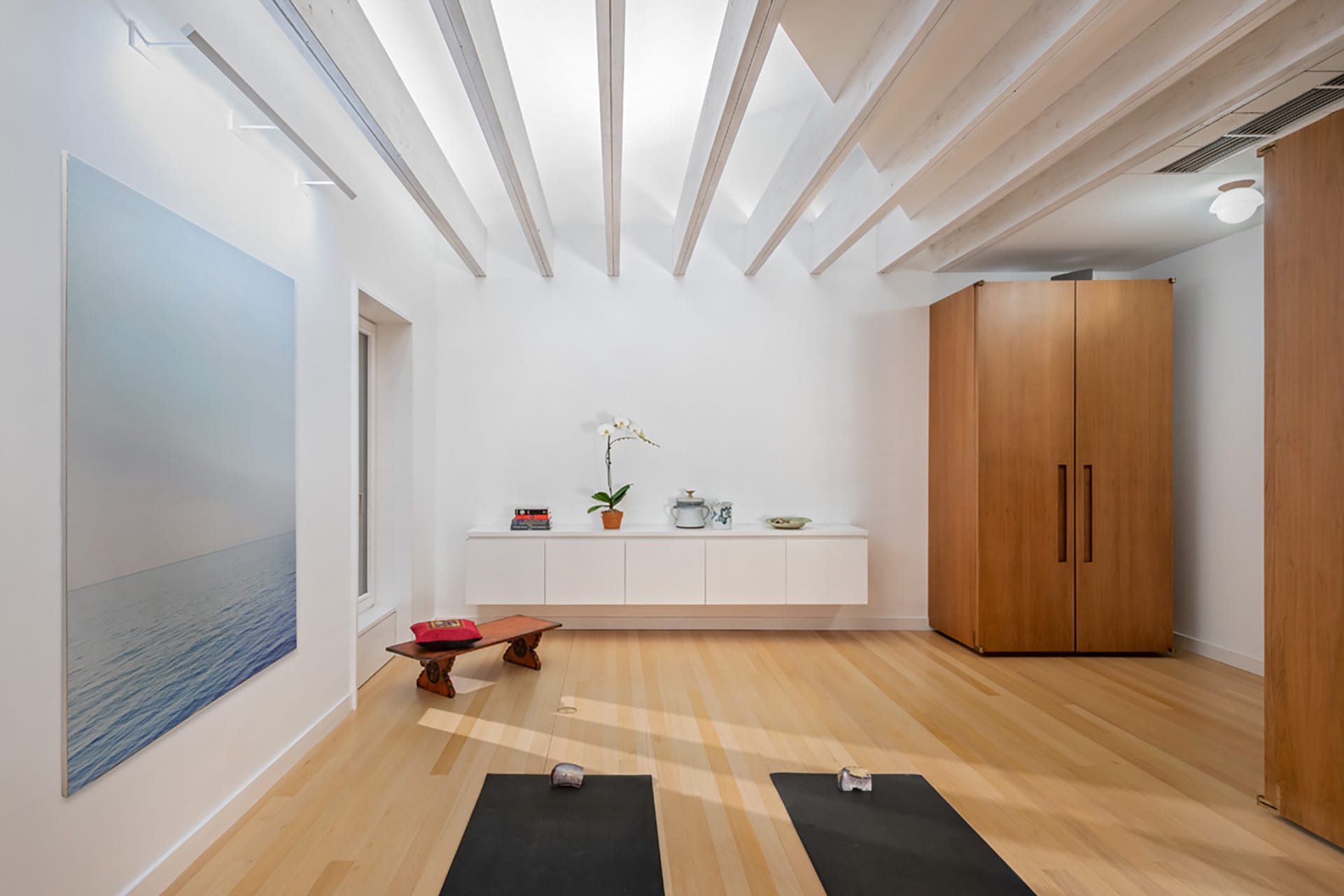 Exercise studio above a detached garage in Park Slope with natural wood.