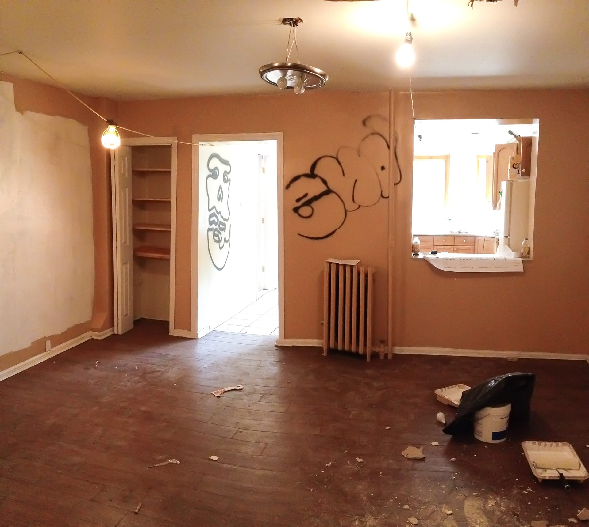 Pink painted room in a Carroll Gardens townhouse in the site that would become the kitchen after renovation.