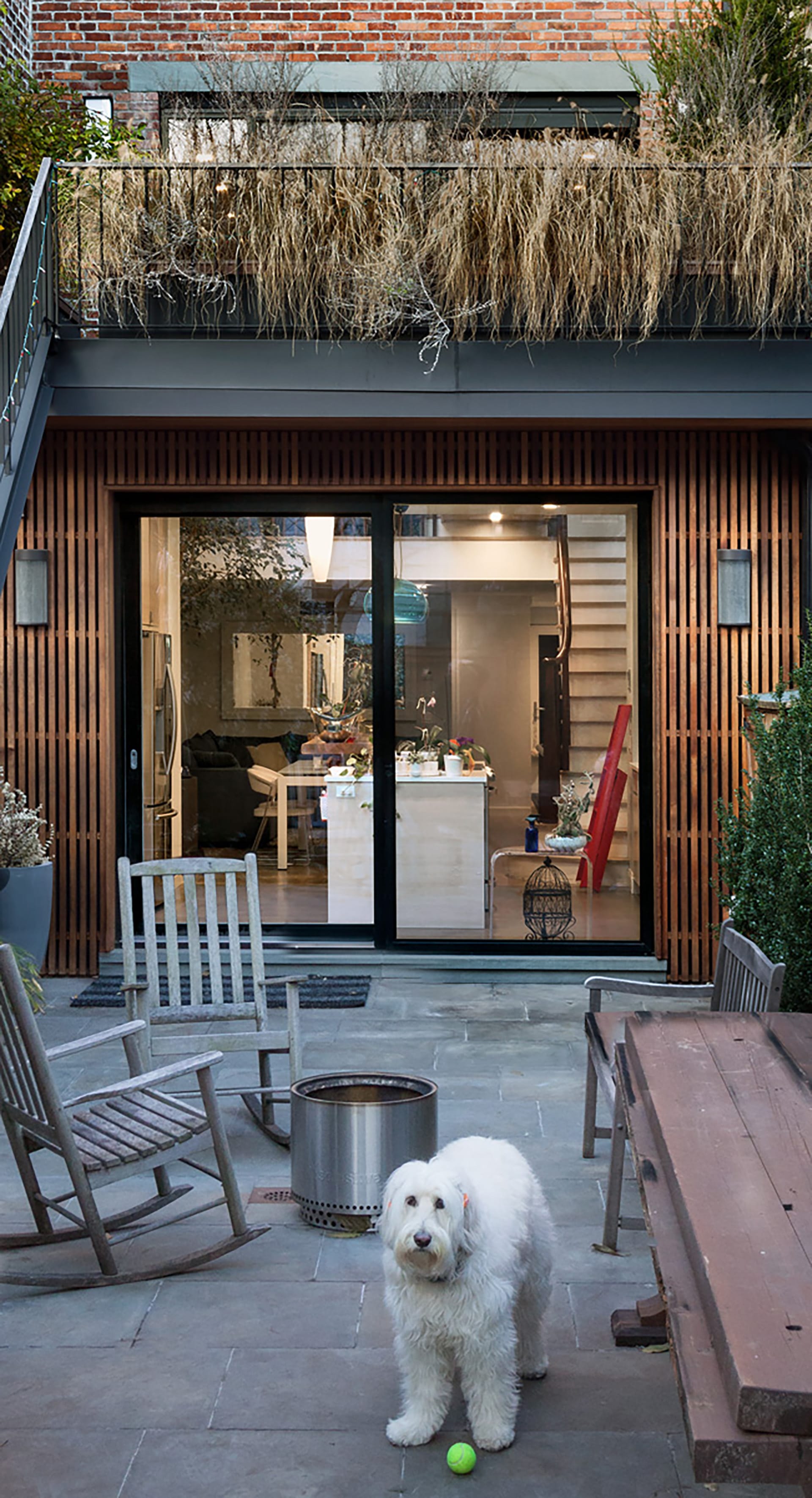 Rear yard of a Carroll Gardens home with a white dog in the foreground, elevated rear deck, and large sliding glass doors leading into the first floor.